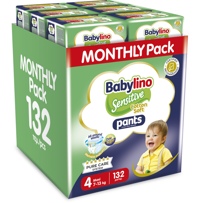 BABYLINO - MONTHLY PACK SENSITIVE COTTON SOFT Pants Unisex Maxi No4 (7-13kg) - 132τεμ.